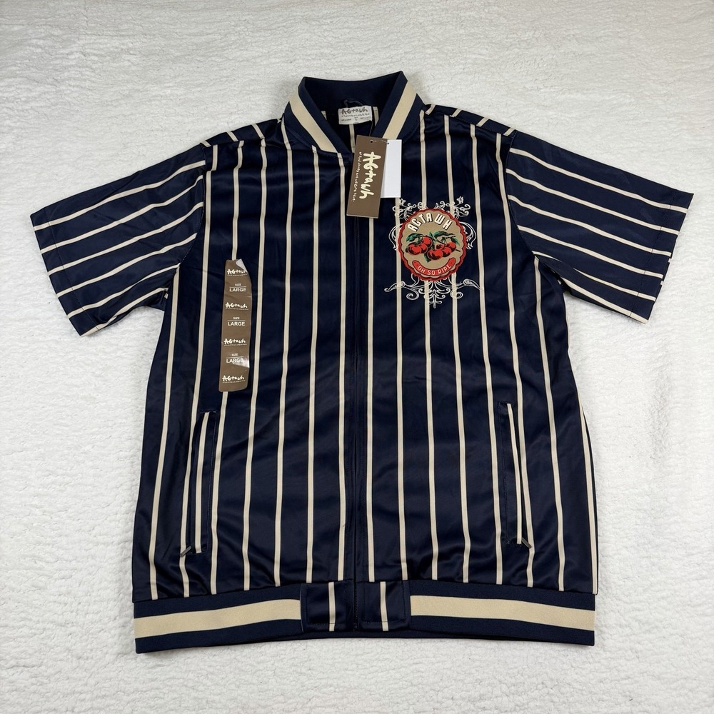 AGTAWH Oh So Ripe Cherry Neoprene Track Jacket Mens L Navy Stripe NWT